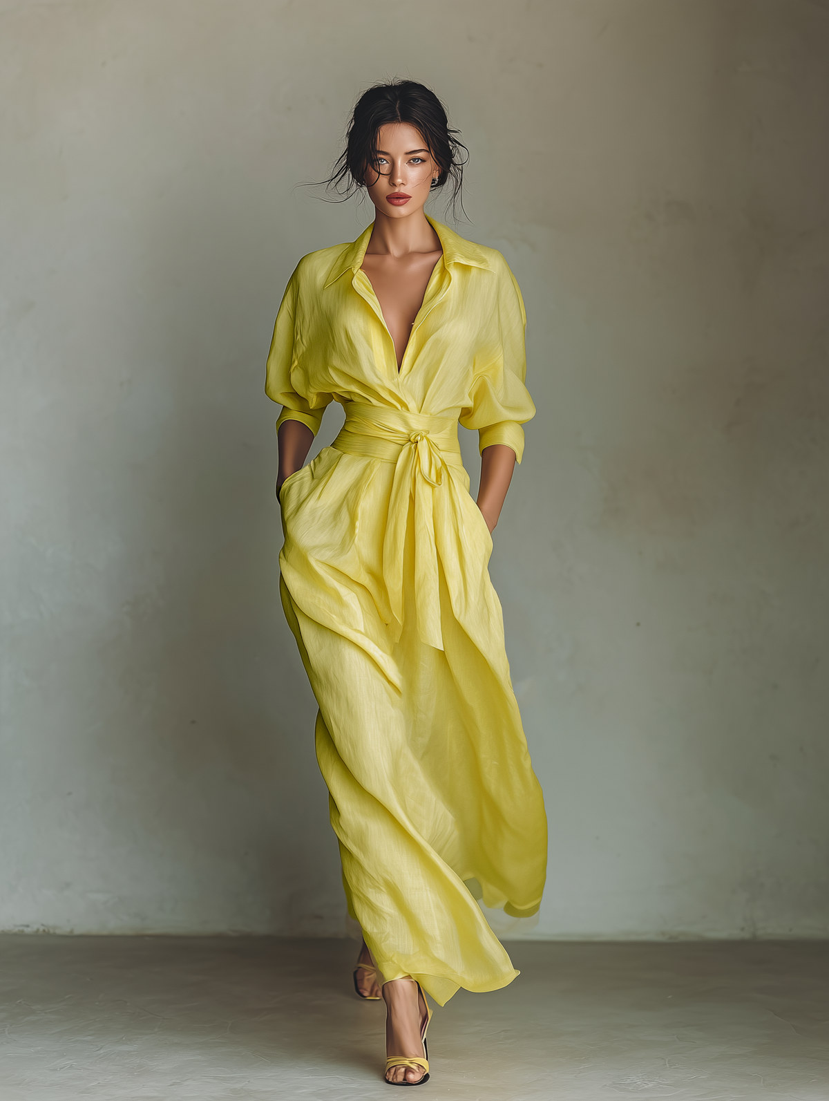 Sol - Vestido Maxi Camisero de Mezcla de Algodón y Lino con Nudo en la Cintura y Manga Corta, vista 2 – Lucia Navarro