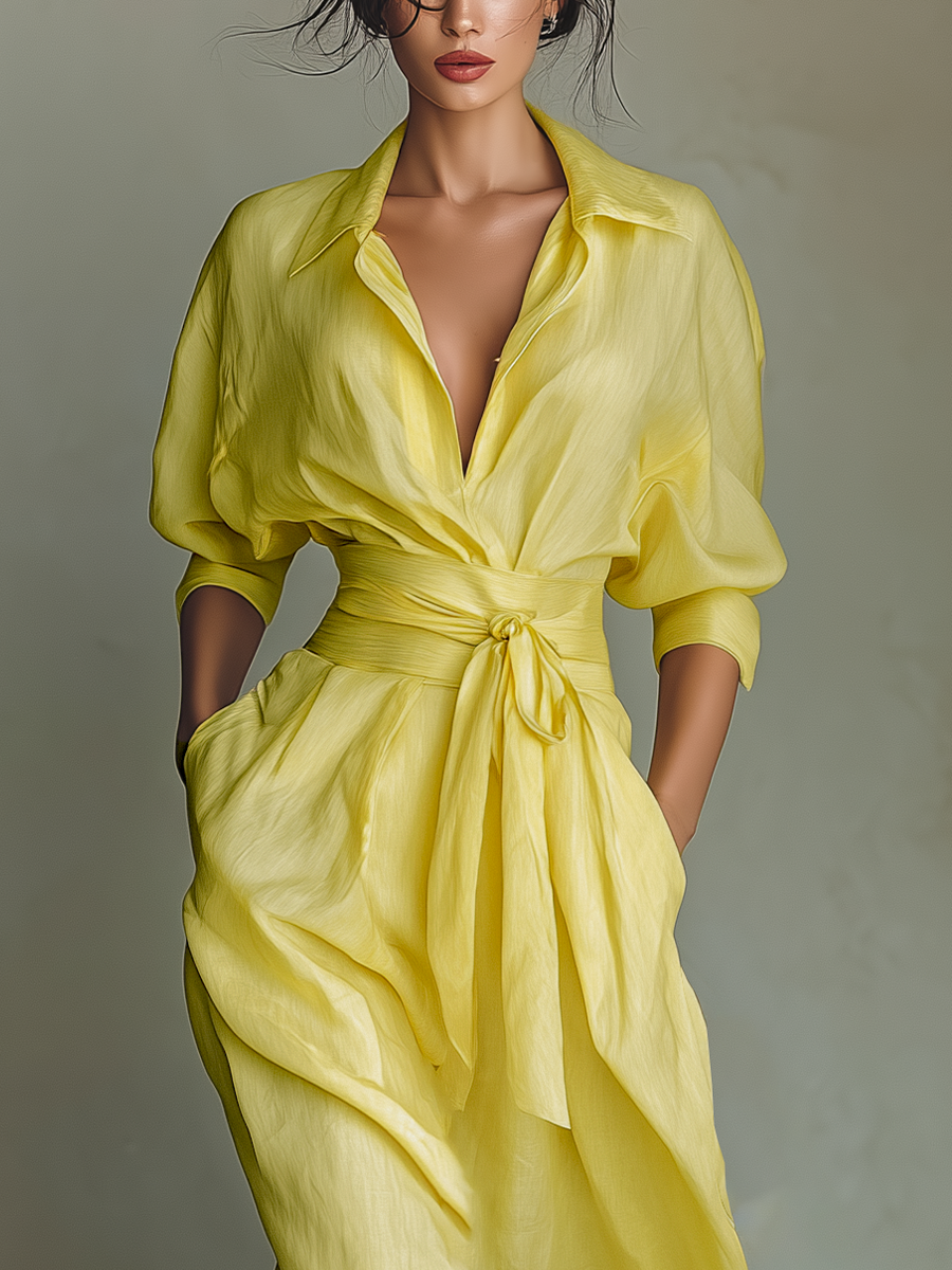 Sol - Vestido Maxi Camisero de Mezcla de Algodón y Lino con Nudo en la Cintura y Manga Corta, vista 3 – Lucia Navarro