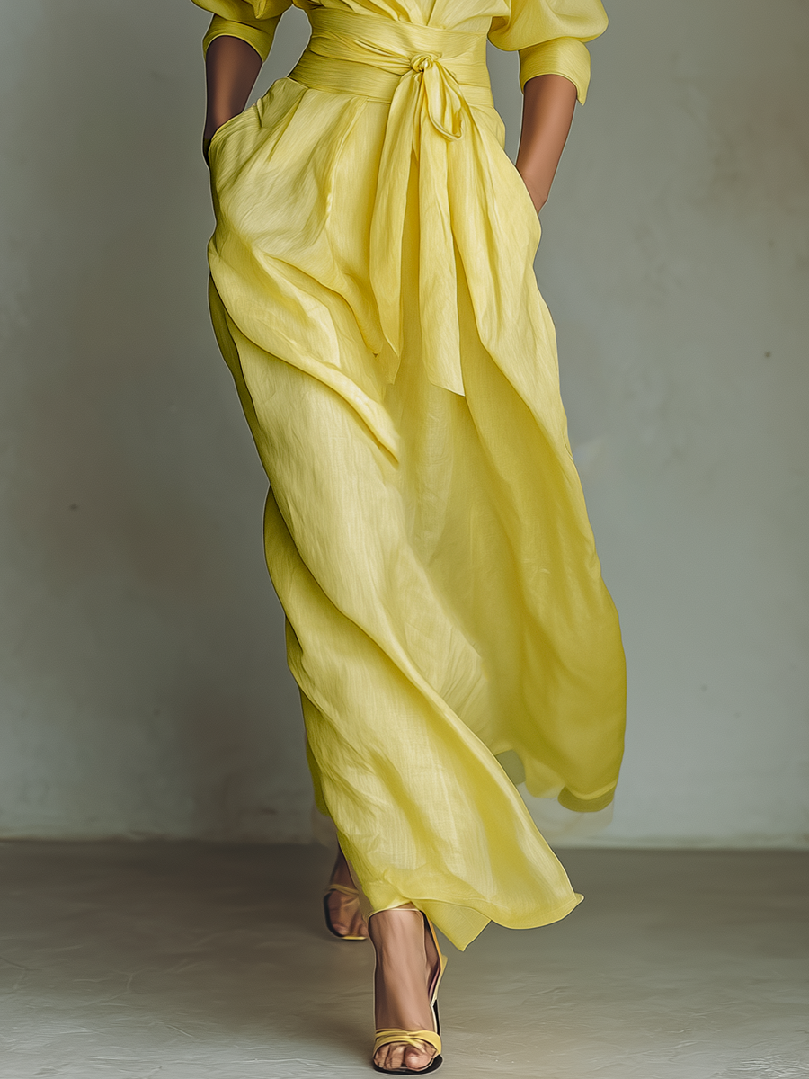 Sol - Vestido Maxi Camisero de Mezcla de Algodón y Lino con Nudo en la Cintura y Manga Corta, vista 4 – Lucia Navarro