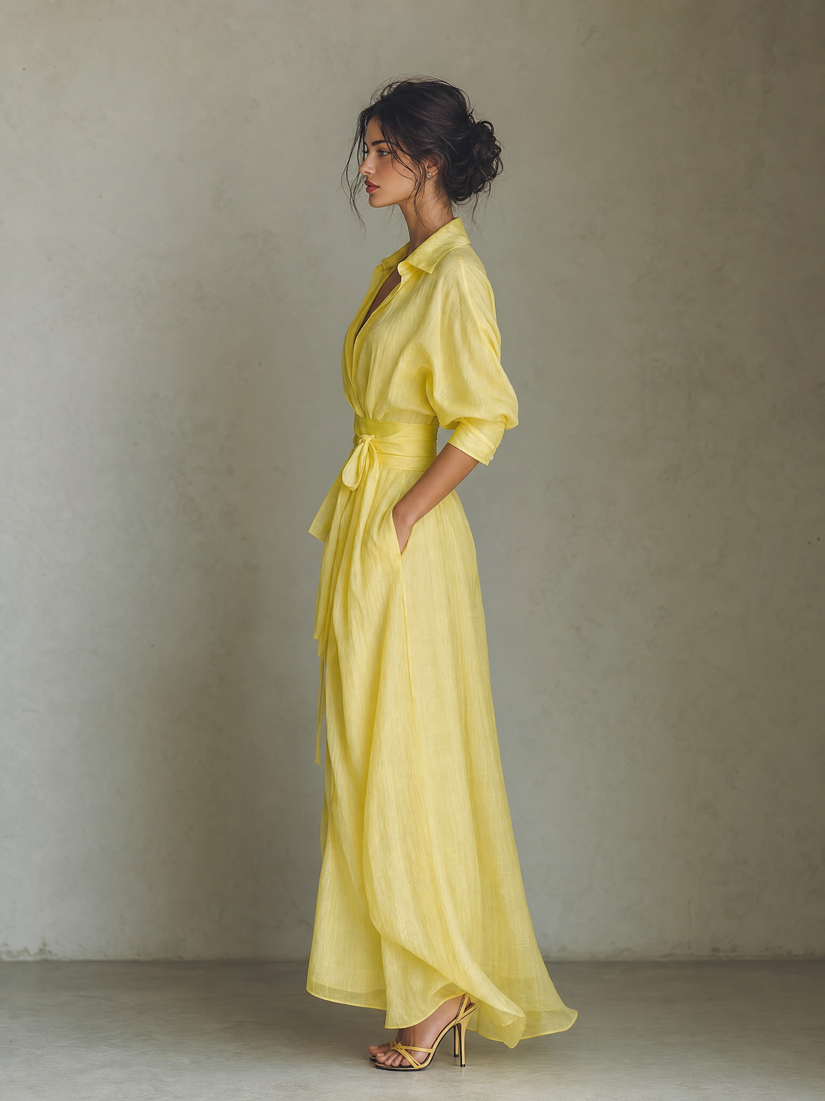 Sol - Vestido Maxi Camisero de Mezcla de Algodón y Lino con Nudo en la Cintura y Manga Corta, vista 5 – Lucia Navarro