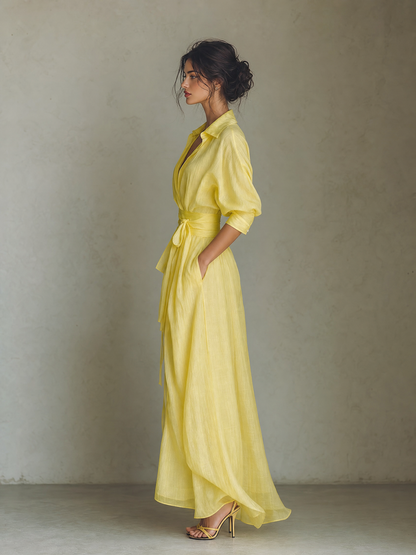 Sol - Vestido Maxi Camisero de Mezcla de Algodón y Lino con Nudo en la Cintura y Manga Corta, vista 5 – Lucia Navarro