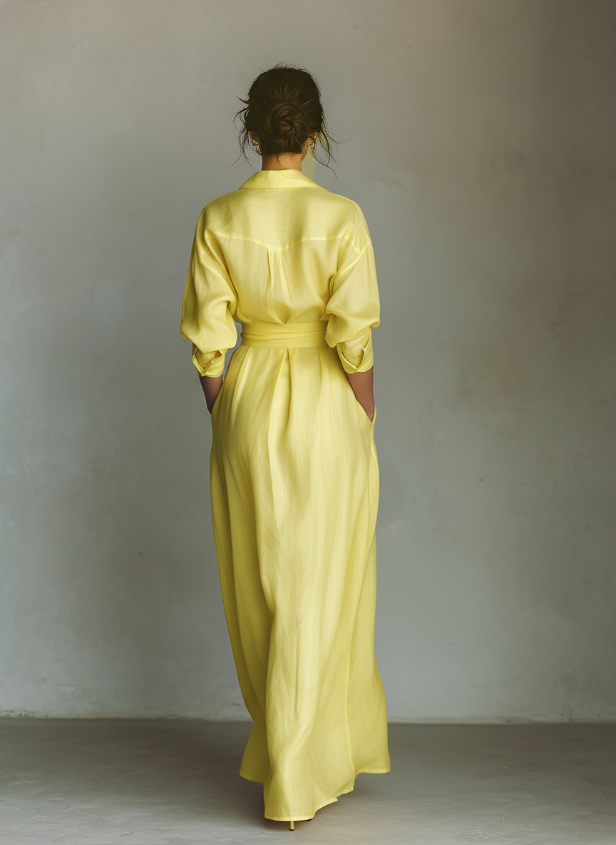 Sol - Vestido Maxi Camisero de Mezcla de Algodón y Lino con Nudo en la Cintura y Manga Corta, vista 6 – Lucia Navarro