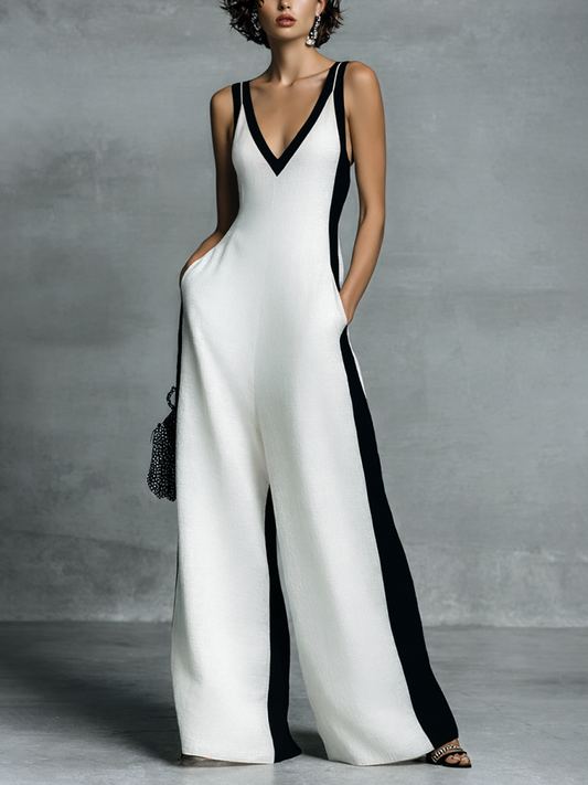 Triana - Mono de Algodón y Lino Bicolor en Blanco y Negro con Tirantes Finos – Lucia Navarro