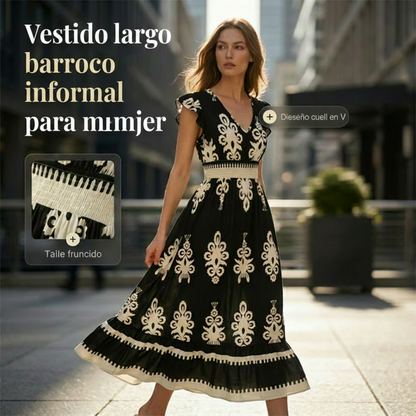 Valentina - Vestido Largo Fluido con Cuello en V – Lucia Navarro