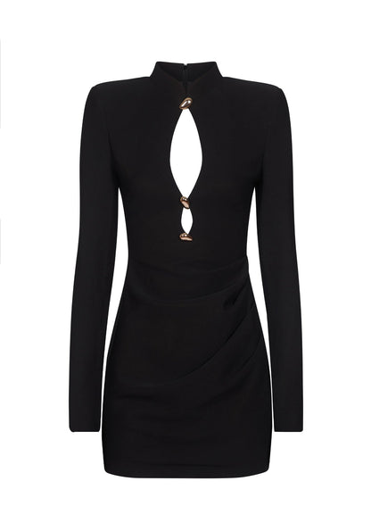 Yara - Vestido Negro Ajustado con Ribetes Dorados, vista 3 – Lucia Navarro